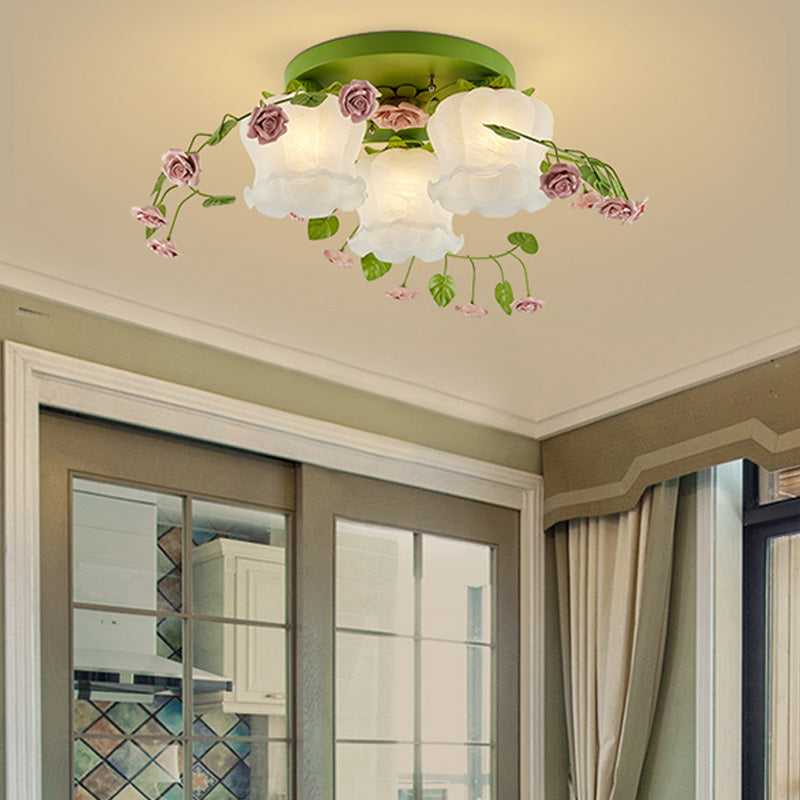 Green Floral Ceiling Light Fixture Romantic Pastoral Metal 1/3/5 Heads Living Room Flush Mount Lamp 3 Green Clearhalo 'Ceiling Lights' 'Close To Ceiling Lights' 'Close to ceiling' 'Flush mount' Lighting' 407000