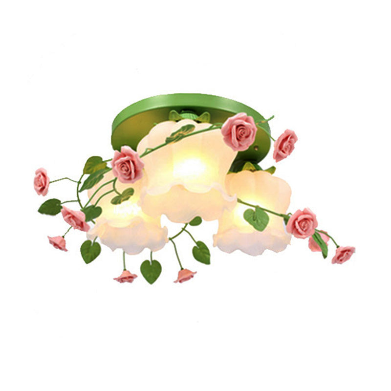 Green Floral Ceiling Light Fixture Romantic Pastoral Metal 1/3/5 Heads Living Room Flush Mount Lamp Clearhalo 'Ceiling Lights' 'Close To Ceiling Lights' 'Close to ceiling' 'Flush mount' Lighting' 407001