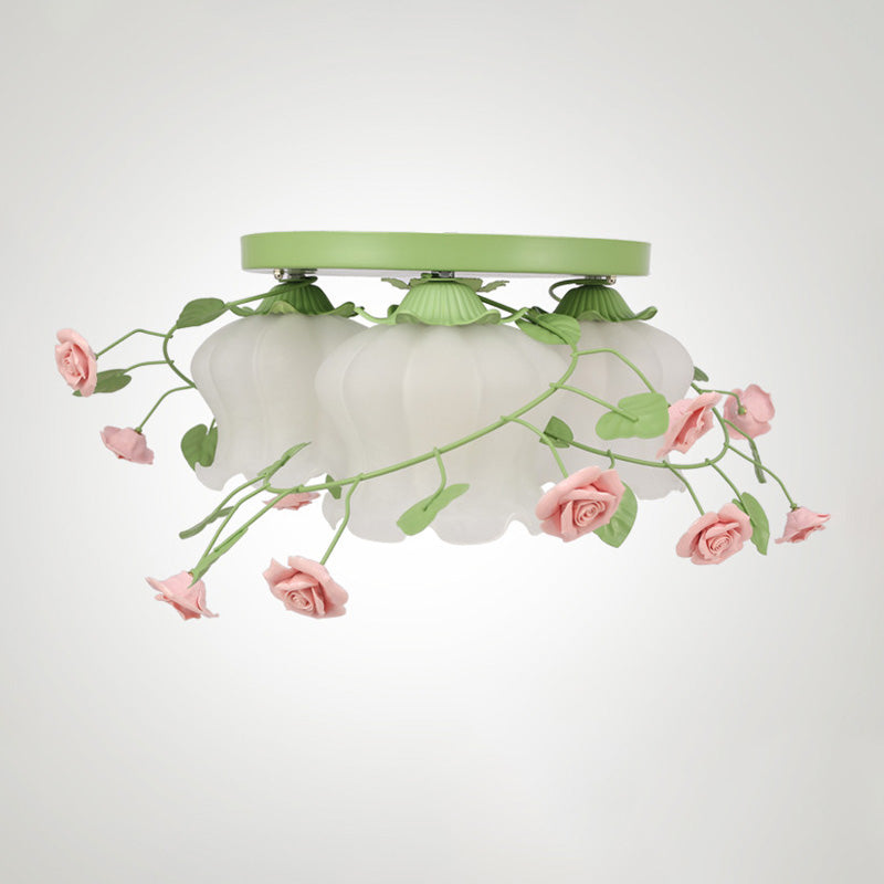 Green Floral Ceiling Light Fixture Romantic Pastoral Metal 1/3/5 Heads Living Room Flush Mount Lamp Clearhalo 'Ceiling Lights' 'Close To Ceiling Lights' 'Close to ceiling' 'Flush mount' Lighting' 407002