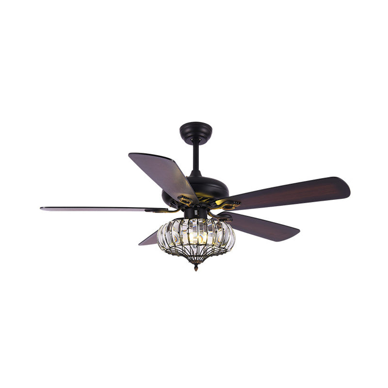 Dark Coffee LED Hanging Fan Light Traditional Crystal Round Semi Flush Mount Lamp with 5 Wooden Blades for Dining Room, 52" Wide Clearhalo 'Ceiling Fans with Lights' 'Ceiling Fans' Lighting' 407012