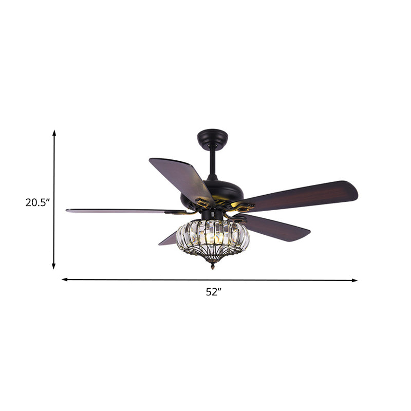 Dark Coffee LED Hanging Fan Light Traditional Crystal Round Semi Flush Mount Lamp with 5 Wooden Blades for Dining Room, 52" Wide Clearhalo 'Ceiling Fans with Lights' 'Ceiling Fans' Lighting' 407013