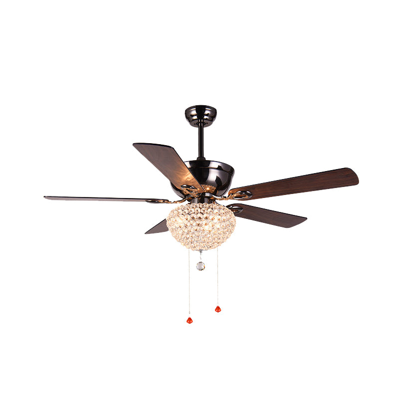 5 Blades Crystal Dome Semi Flushmount Vintage Dining Room LED Ceiling Fan Light in Dark Brown with Pull Chain, 52" Wide Clearhalo 'Ceiling Fans with Lights' 'Ceiling Fans' Lighting' 407025