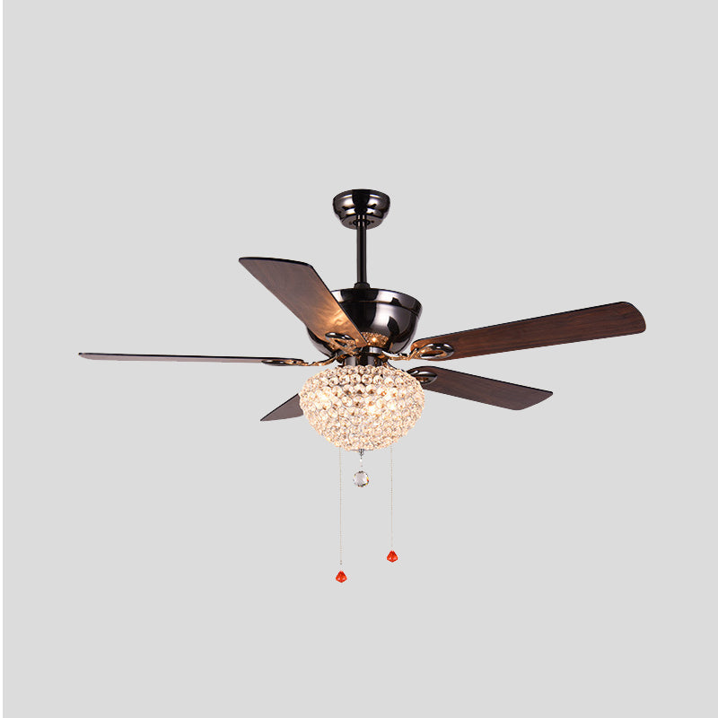 5 Blades Crystal Dome Semi Flushmount Vintage Dining Room LED Ceiling Fan Light in Dark Brown with Pull Chain, 52" Wide Clearhalo 'Ceiling Fans with Lights' 'Ceiling Fans' Lighting' 407026
