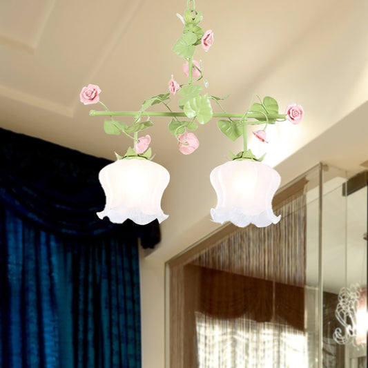 Floral Living Room Island Lamp Korean Garden White Glass 2 Heads Green Hanging Light Fixture Green Clearhalo 'Ceiling Lights' 'Chandeliers' 'Glass shade' 'Glass' 'Island Lights' Lighting' 407123