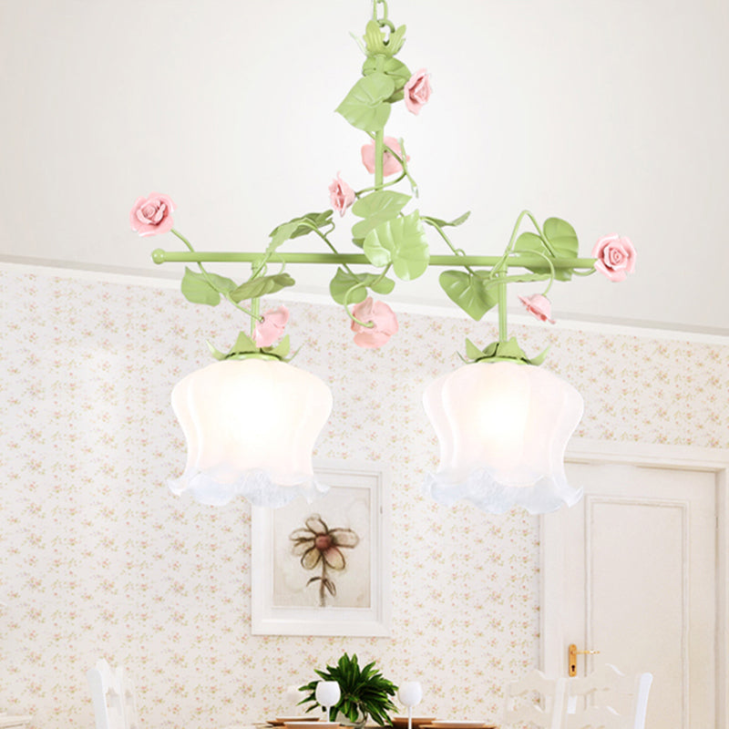 Floral Living Room Island Lamp Korean Garden White Glass 2 Heads Green Hanging Light Fixture Clearhalo 'Ceiling Lights' 'Chandeliers' 'Glass shade' 'Glass' 'Island Lights' Lighting' 407124