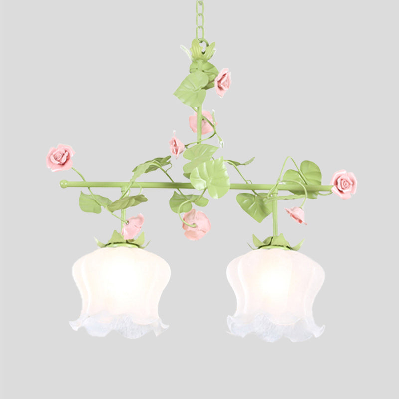 Floral Living Room Island Lamp Korean Garden White Glass 2 Heads Green Hanging Light Fixture Clearhalo 'Ceiling Lights' 'Chandeliers' 'Glass shade' 'Glass' 'Island Lights' Lighting' 407126