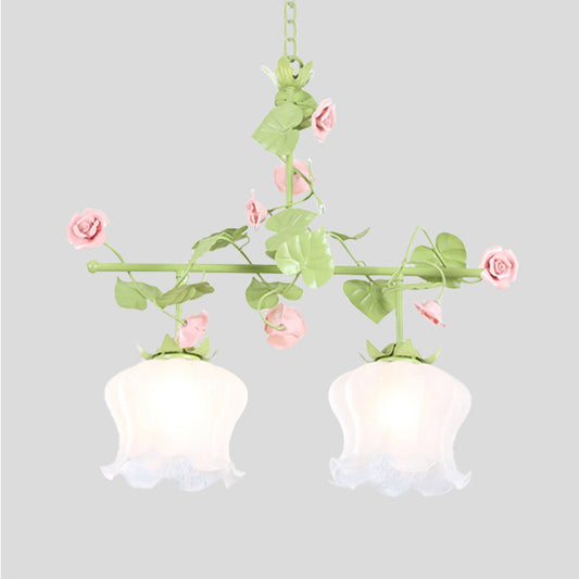 Floral Living Room Island Lamp Korean Garden White Glass 2 Heads Green Hanging Light Fixture Clearhalo 'Ceiling Lights' 'Chandeliers' 'Glass shade' 'Glass' 'Island Lights' Lighting' 407126
