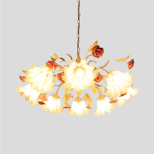 White Glass Scalloped Chandelier Lamp Korean Flower 9 Bulbs Living Room Ceiling Hang Fixture Clearhalo 'Ceiling Lights' 'Chandeliers' 'Glass shade' 'Glass' Lighting' 407131