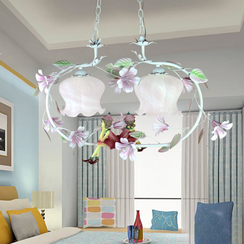 Pink Oval Hanging Chandelier Pastoral White Glass 2 Lights Living Room Ceiling Pendant Clearhalo 'Ceiling Lights' 'Chandeliers' 'Glass shade' 'Glass' Lighting' 407134