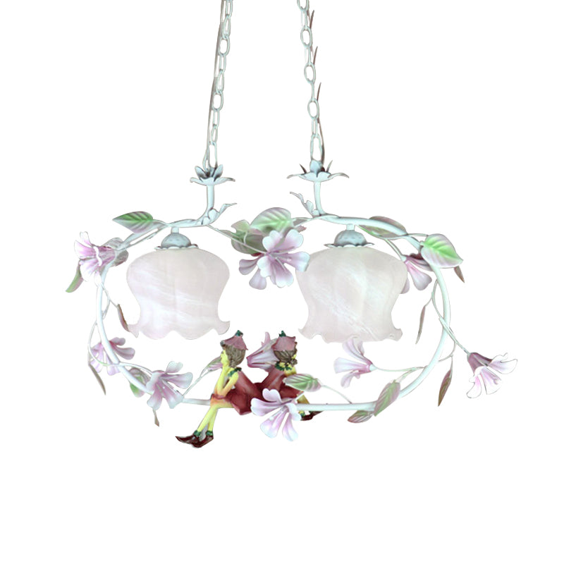 Pink Oval Hanging Chandelier Pastoral White Glass 2 Lights Living Room Ceiling Pendant Clearhalo 'Ceiling Lights' 'Chandeliers' 'Glass shade' 'Glass' Lighting' 407135