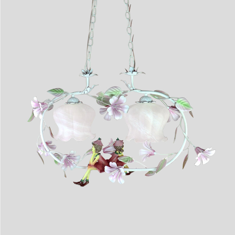Pink Oval Hanging Chandelier Pastoral White Glass 2 Lights Living Room Ceiling Pendant Clearhalo 'Ceiling Lights' 'Chandeliers' 'Glass shade' 'Glass' Lighting' 407136