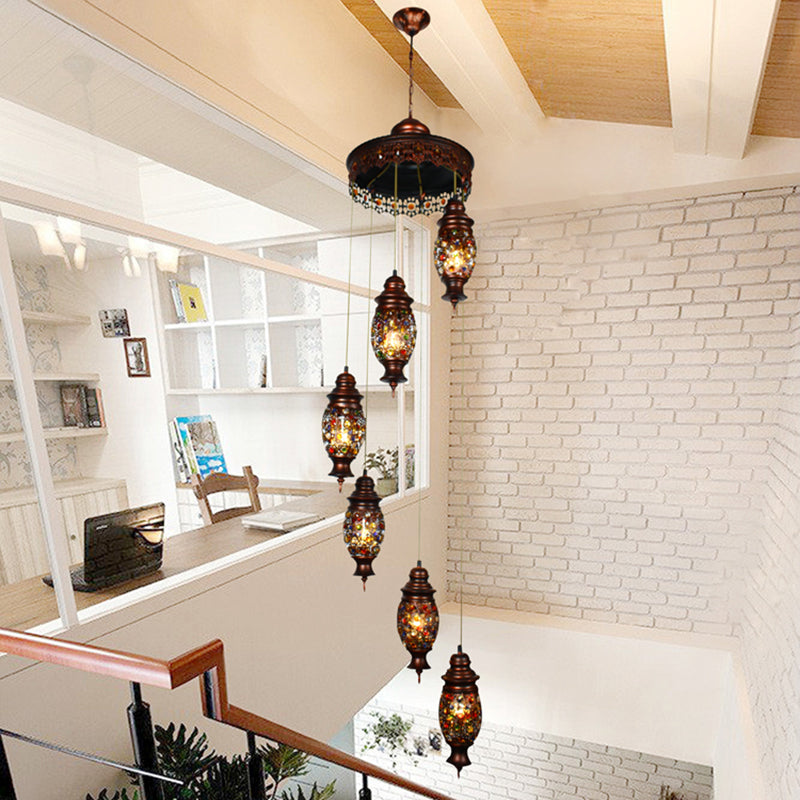 6 Bulbs Oval Cluster Pendant Bohemian Copper Metal Hanging Ceiling Light for Living Room Clearhalo 'Ceiling Lights' 'Pendant Lights' 'Pendants' Lighting' 407180