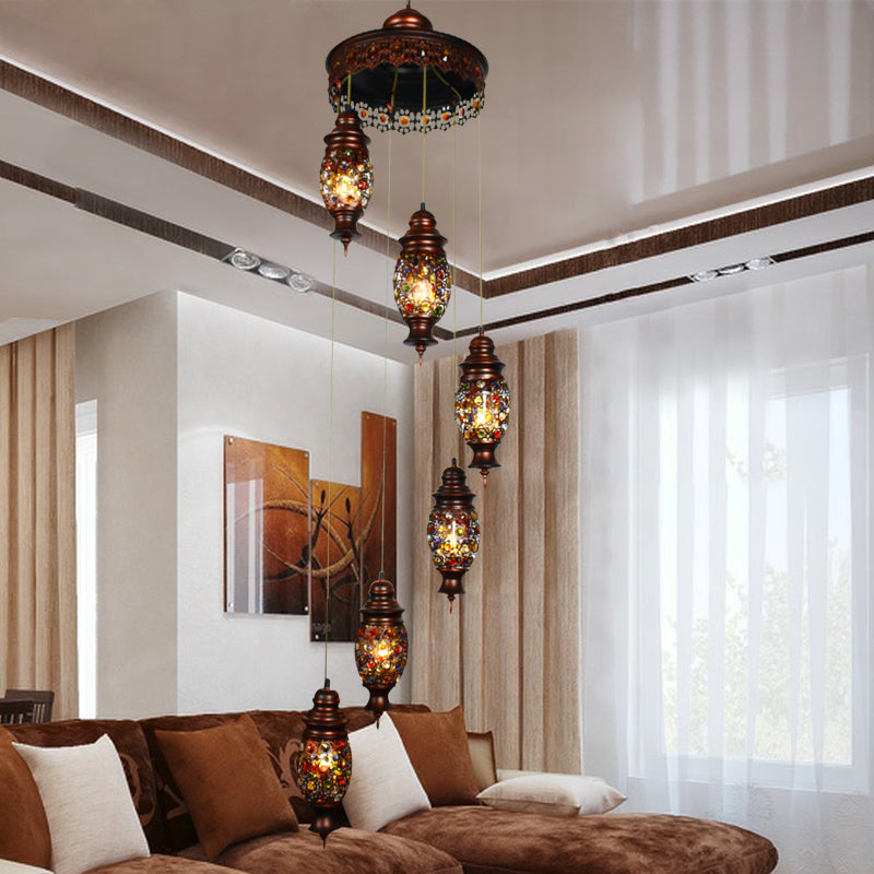 6 Bulbs Oval Cluster Pendant Bohemian Copper Metal Hanging Ceiling Light for Living Room Clearhalo 'Ceiling Lights' 'Pendant Lights' 'Pendants' Lighting' 407181