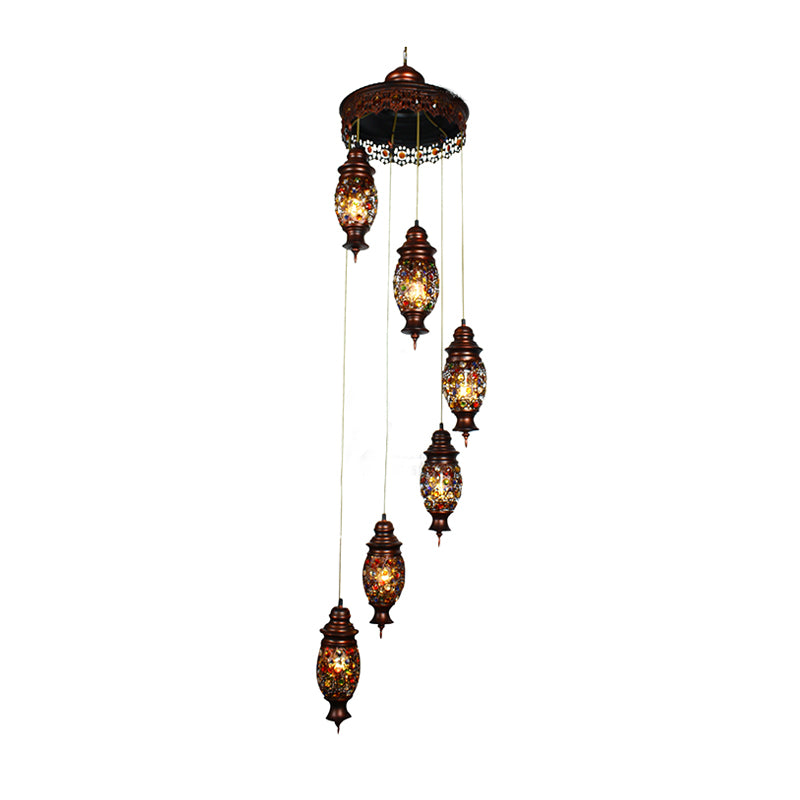 6 Bulbs Oval Cluster Pendant Bohemian Copper Metal Hanging Ceiling Light for Living Room Clearhalo 'Ceiling Lights' 'Pendant Lights' 'Pendants' Lighting' 407182