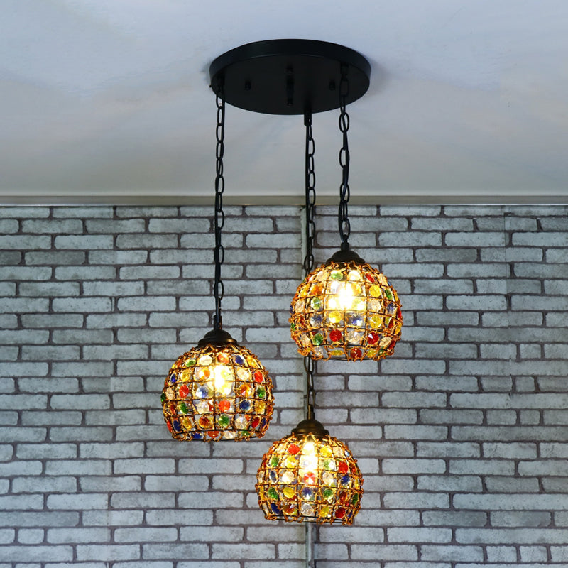 Dome Restaurant Cluster Pendant Light Bohemian Metal 3 Lights Black Hanging Lamp with Round/Linear Canopy Clearhalo 'Ceiling Lights' 'Pendant Lights' 'Pendants' Lighting' 407186