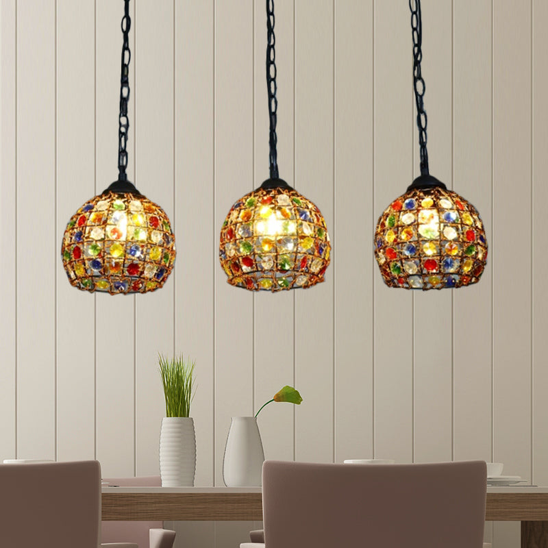 Dome Restaurant Cluster Pendant Light Bohemian Metal 3 Lights Black Hanging Lamp with Round/Linear Canopy Clearhalo 'Ceiling Lights' 'Pendant Lights' 'Pendants' Lighting' 407189