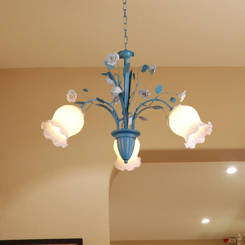 Pastoral Blossom Chandelier Lighting Fixture 3/5/6 Heads White Glass Pendant Ceiling Light in Blue 3 Blue Clearhalo 'Ceiling Lights' 'Chandeliers' Lighting' options 407194_45bd2624-bf80-4afa-8341-7e3b18d7d204