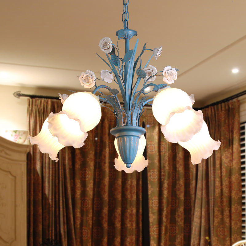 Pastoral Blossom Chandelier Lighting Fixture 3/5/6 Heads White Glass Pendant Ceiling Light in Blue 5 Blue Clearhalo 'Ceiling Lights' 'Chandeliers' Lighting' options 407199_7d7e9aee-d607-433f-beeb-1e7ac2b860b5