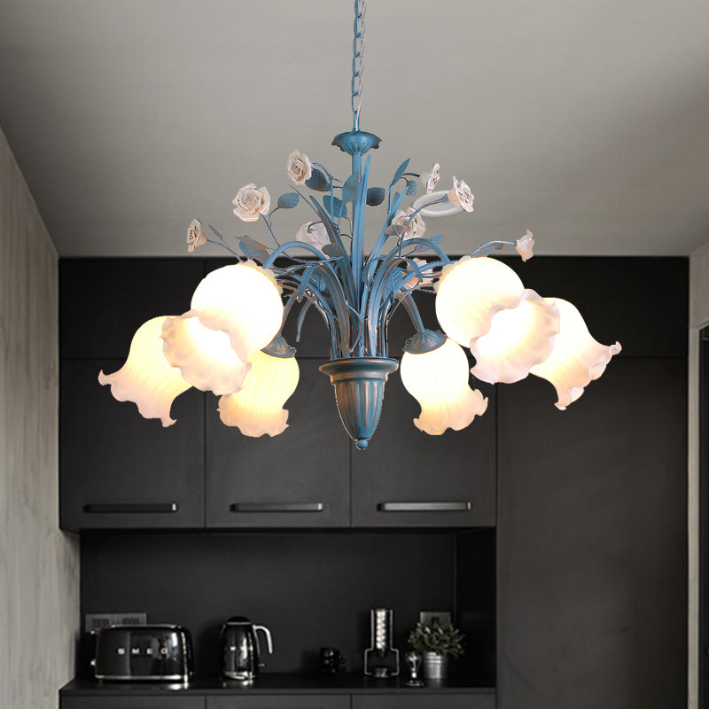 Pastoral Blossom Chandelier Lighting Fixture 3/5/6 Heads White Glass Pendant Ceiling Light in Blue 6 Blue Clearhalo 'Ceiling Lights' 'Chandeliers' Lighting' options 407203_98b659b8-4149-4b37-971f-357c7e60daf3