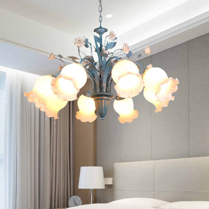 Pastoral Blossom Chandelier Lighting Fixture 3/5/6 Heads White Glass Pendant Ceiling Light in Blue 8 Blue Clearhalo 'Ceiling Lights' 'Chandeliers' Lighting' options 407207_97102dff-55e5-4c26-bba2-4140c06772e8