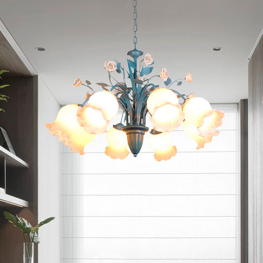 Pastoral Blossom Chandelier Lighting Fixture 3/5/6 Heads White Glass Pendant Ceiling Light in Blue Clearhalo 'Ceiling Lights' 'Chandeliers' Lighting' options 407208