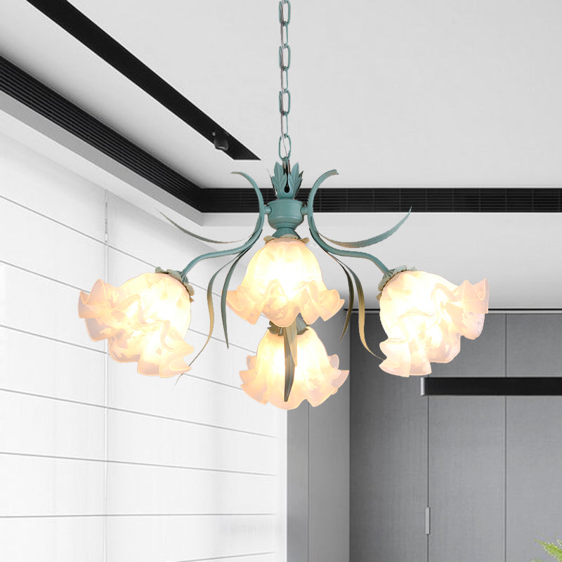 White Glass Green Hanging Chandelier Bloom 4/6/9 Lights Countryside Down Lighting Pendant for Living Room 4 White Clearhalo 'Ceiling Lights' 'Chandeliers' 'Glass shade' 'Glass' 'Pendant Lights' Lighting' 407217