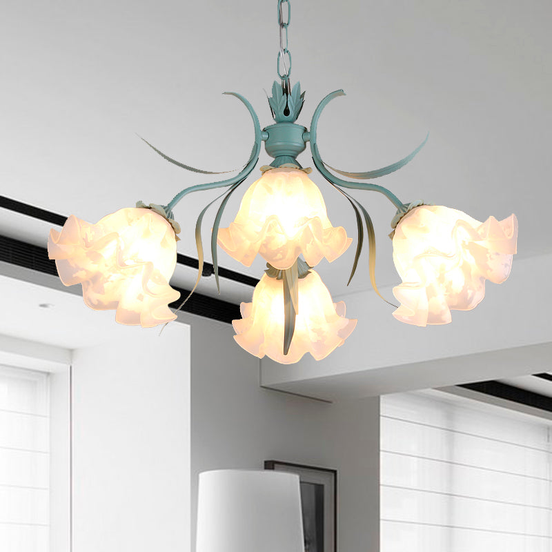 White Glass Green Hanging Chandelier Bloom 4/6/9 Lights Countryside Down Lighting Pendant for Living Room Clearhalo 'Ceiling Lights' 'Chandeliers' 'Glass shade' 'Glass' 'Pendant Lights' Lighting' 407218
