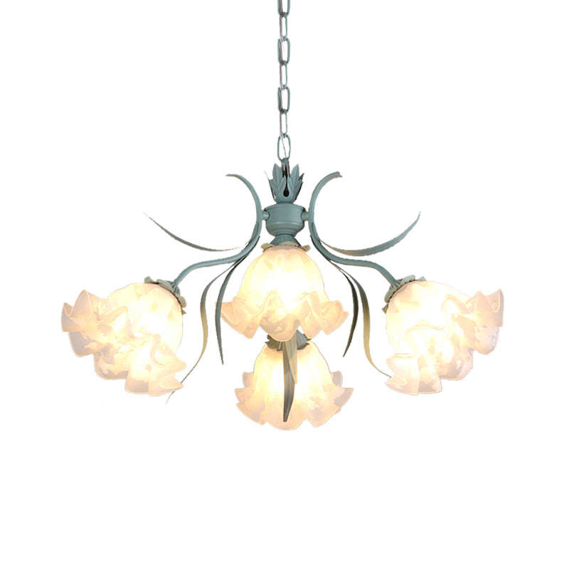 White Glass Green Hanging Chandelier Bloom 4/6/9 Lights Countryside Down Lighting Pendant for Living Room Clearhalo 'Ceiling Lights' 'Chandeliers' 'Glass shade' 'Glass' 'Pendant Lights' Lighting' 407219
