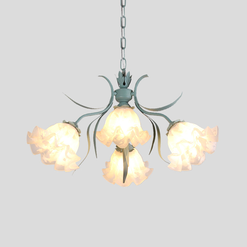 White Glass Green Hanging Chandelier Bloom 4/6/9 Lights Countryside Down Lighting Pendant for Living Room Clearhalo 'Ceiling Lights' 'Chandeliers' 'Glass shade' 'Glass' 'Pendant Lights' Lighting' 407220