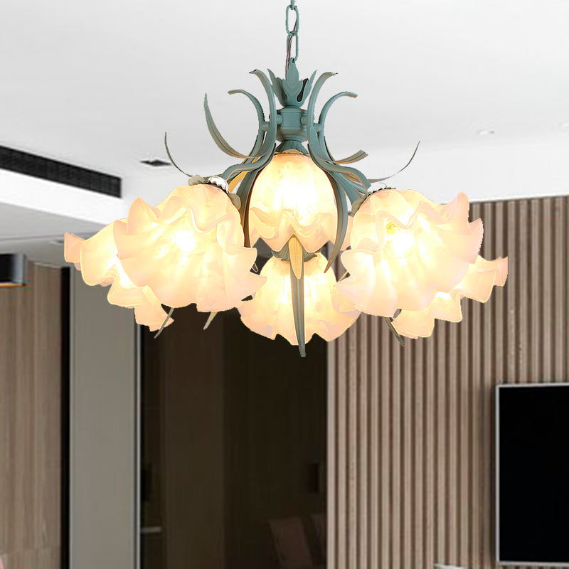 White Glass Green Hanging Chandelier Bloom 4/6/9 Lights Countryside Down Lighting Pendant for Living Room 6 White Clearhalo 'Ceiling Lights' 'Chandeliers' 'Glass shade' 'Glass' 'Pendant Lights' Lighting' 407222