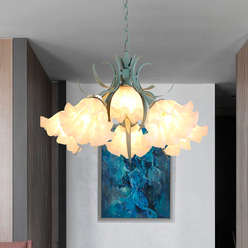White Glass Green Hanging Chandelier Bloom 4/6/9 Lights Countryside Down Lighting Pendant for Living Room Clearhalo 'Ceiling Lights' 'Chandeliers' 'Glass shade' 'Glass' 'Pendant Lights' Lighting' 407223