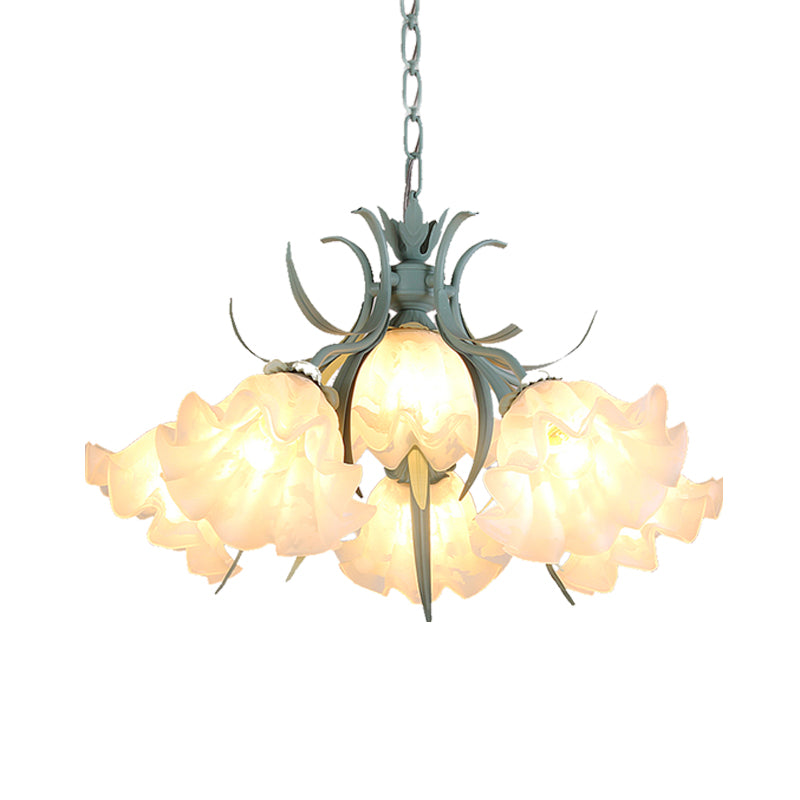 White Glass Green Hanging Chandelier Bloom 4/6/9 Lights Countryside Down Lighting Pendant for Living Room Clearhalo 'Ceiling Lights' 'Chandeliers' 'Glass shade' 'Glass' 'Pendant Lights' Lighting' 407224