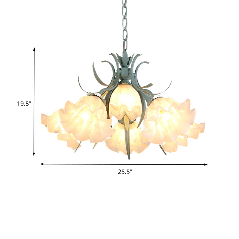 White Glass Green Hanging Chandelier Bloom 4/6/9 Lights Countryside Down Lighting Pendant for Living Room Clearhalo 'Ceiling Lights' 'Chandeliers' 'Glass shade' 'Glass' 'Pendant Lights' Lighting' 407225