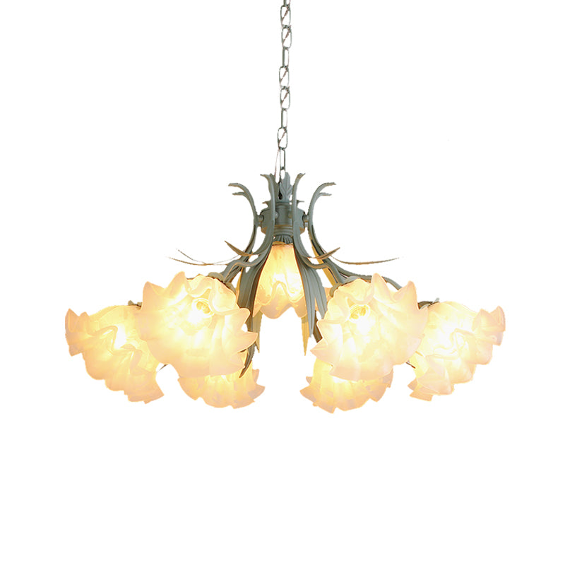 White Glass Green Hanging Chandelier Bloom 4/6/9 Lights Countryside Down Lighting Pendant for Living Room Clearhalo 'Ceiling Lights' 'Chandeliers' 'Glass shade' 'Glass' 'Pendant Lights' Lighting' 407228