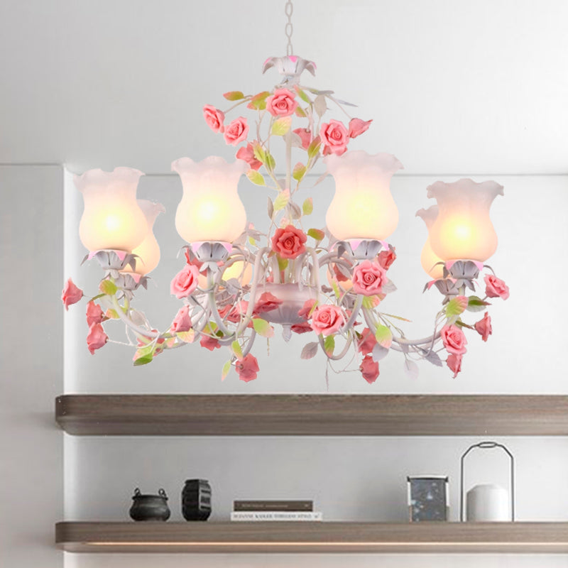 Rose Living Room Ceiling Chandelier Pastoral White Glass 8 Heads Pink Hanging Light Fixture Clearhalo 'Ceiling Lights' 'Chandeliers' 'Glass shade' 'Glass' 'Pendant Lights' Lighting' 407231