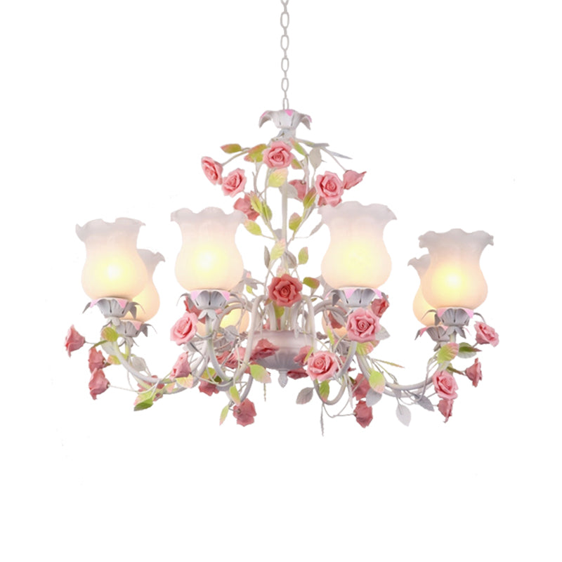 Rose Living Room Ceiling Chandelier Pastoral White Glass 8 Heads Pink Hanging Light Fixture Clearhalo 'Ceiling Lights' 'Chandeliers' 'Glass shade' 'Glass' 'Pendant Lights' Lighting' 407232