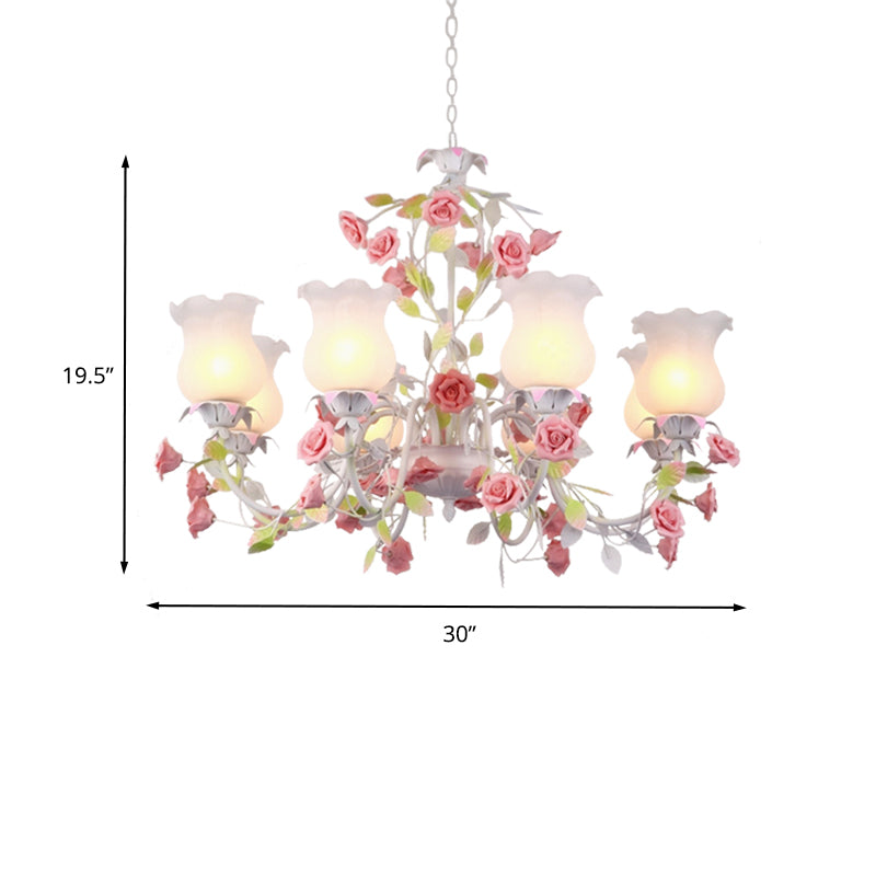 Rose Living Room Ceiling Chandelier Pastoral White Glass 8 Heads Pink Hanging Light Fixture Clearhalo 'Ceiling Lights' 'Chandeliers' 'Glass shade' 'Glass' 'Pendant Lights' Lighting' 407234