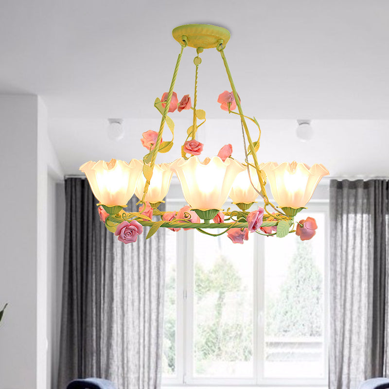 Opal Glass Scalloped Chandelier Lighting Korean Garden 5 Lights Bedroom Ceiling Lamp in Pink/Yellow Pink Clearhalo 'Ceiling Lights' 'Chandeliers' 'Glass shade' 'Glass' Lighting' 407235