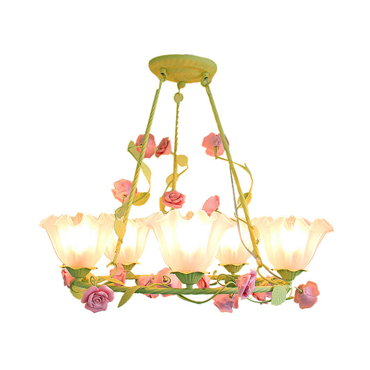 Opal Glass Scalloped Chandelier Lighting Korean Garden 5 Lights Bedroom Ceiling Lamp in Pink/Yellow Clearhalo 'Ceiling Lights' 'Chandeliers' 'Glass shade' 'Glass' Lighting' 407237