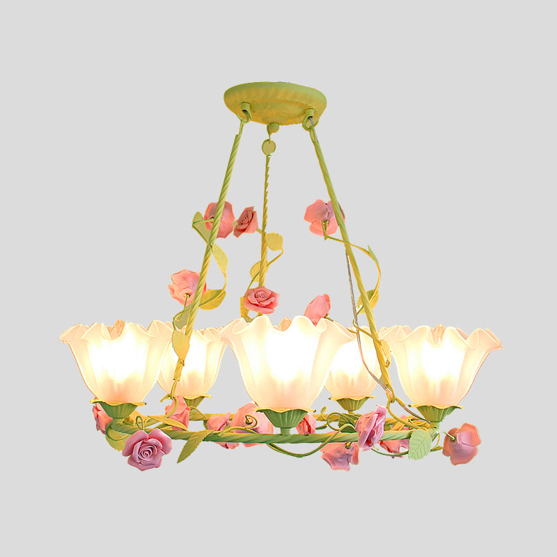 Opal Glass Scalloped Chandelier Lighting Korean Garden 5 Lights Bedroom Ceiling Lamp in Pink/Yellow Clearhalo 'Ceiling Lights' 'Chandeliers' 'Glass shade' 'Glass' Lighting' 407238