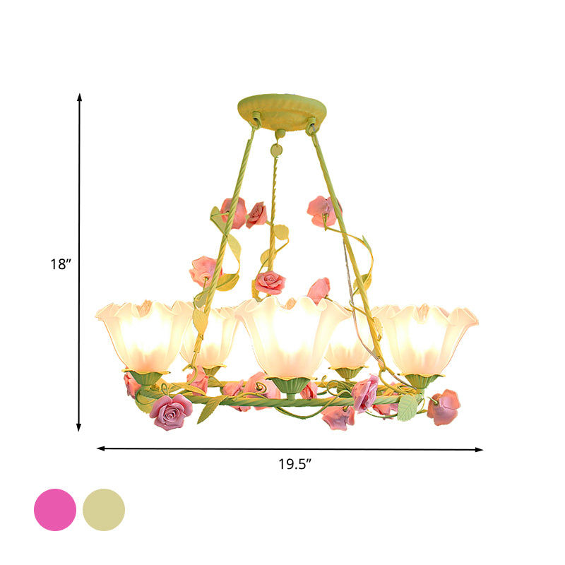 Opal Glass Scalloped Chandelier Lighting Korean Garden 5 Lights Bedroom Ceiling Lamp in Pink/Yellow Clearhalo 'Ceiling Lights' 'Chandeliers' 'Glass shade' 'Glass' Lighting' 407239