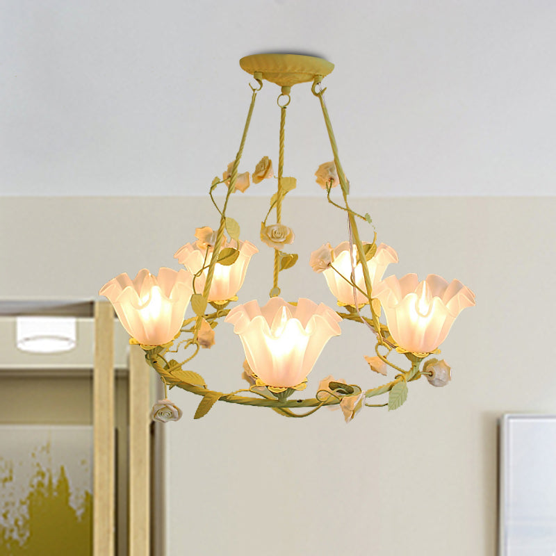 Opal Glass Scalloped Chandelier Lighting Korean Garden 5 Lights Bedroom Ceiling Lamp in Pink/Yellow Yellow Clearhalo 'Ceiling Lights' 'Chandeliers' 'Glass shade' 'Glass' Lighting' 407240