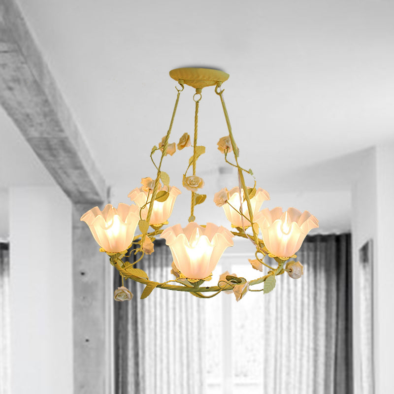 Opal Glass Scalloped Chandelier Lighting Korean Garden 5 Lights Bedroom Ceiling Lamp in Pink/Yellow Clearhalo 'Ceiling Lights' 'Chandeliers' 'Glass shade' 'Glass' Lighting' 407241