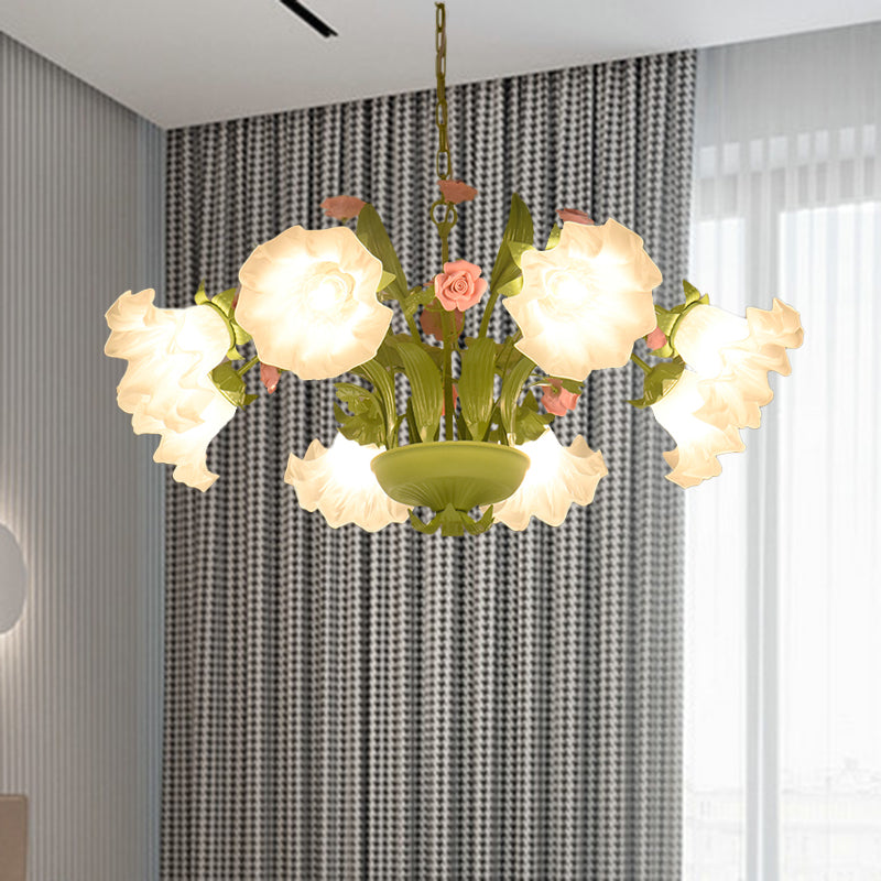 Korean Garden Rose Chandelier Lighting 6/8 Bulbs Cream Glass Pendant Light in Green for Restaurant Clearhalo 'Ceiling Lights' 'Chandeliers' 'Glass shade' 'Glass' Lighting' 407244