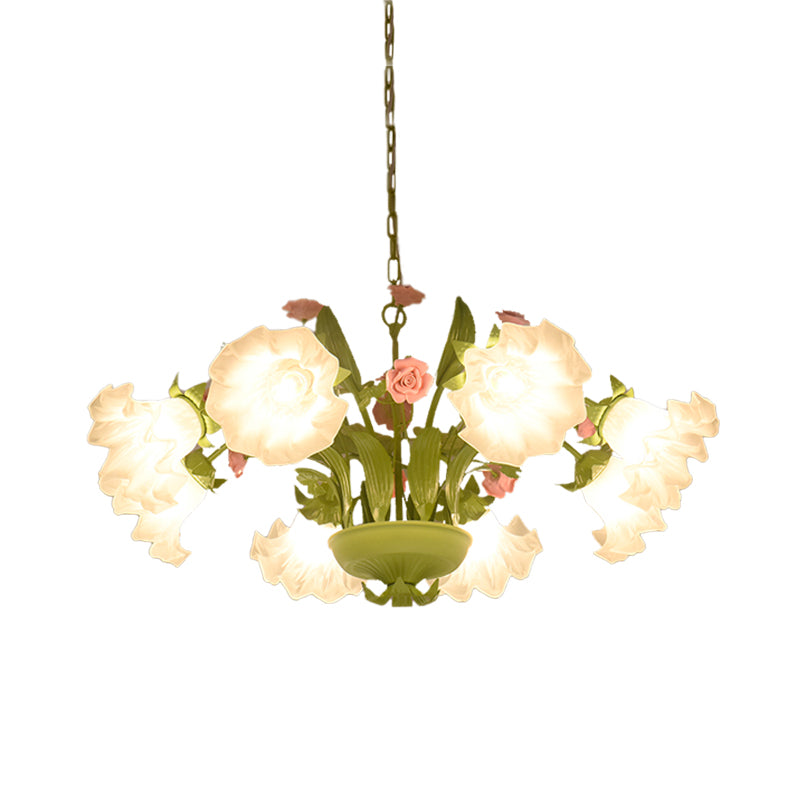 Korean Garden Rose Chandelier Lighting 6/8 Bulbs Cream Glass Pendant Light in Green for Restaurant Clearhalo 'Ceiling Lights' 'Chandeliers' 'Glass shade' 'Glass' Lighting' 407245