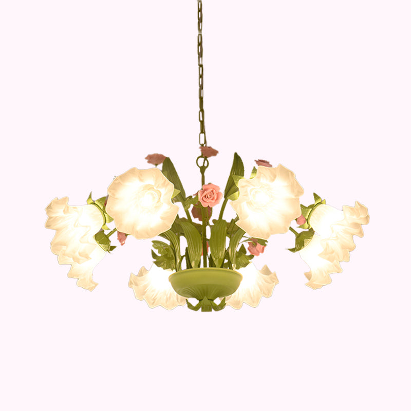 Korean Garden Rose Chandelier Lighting 6/8 Bulbs Cream Glass Pendant Light in Green for Restaurant Clearhalo 'Ceiling Lights' 'Chandeliers' 'Glass shade' 'Glass' Lighting' 407246