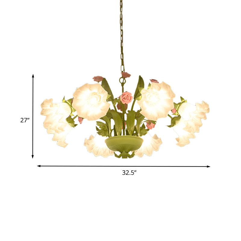 Korean Garden Rose Chandelier Lighting 6/8 Bulbs Cream Glass Pendant Light in Green for Restaurant Clearhalo 'Ceiling Lights' 'Chandeliers' 'Glass shade' 'Glass' Lighting' 407247