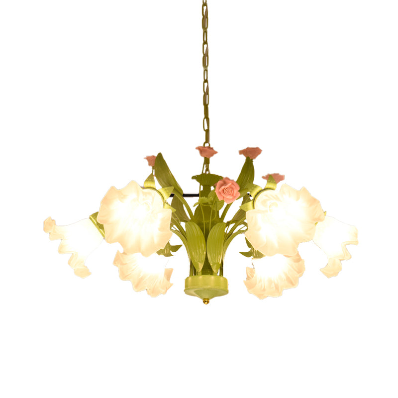 Korean Garden Rose Chandelier Lighting 6/8 Bulbs Cream Glass Pendant Light in Green for Restaurant Clearhalo 'Ceiling Lights' 'Chandeliers' 'Glass shade' 'Glass' Lighting' 407250