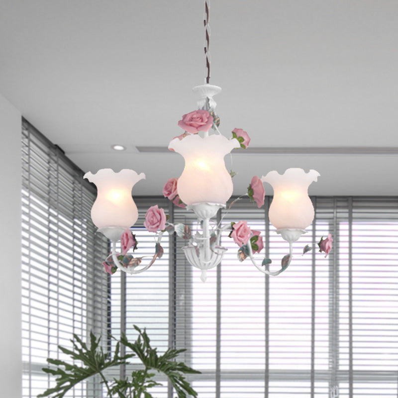 Metal White Chandelier Light Fixture Curvy Arm 3/5/6 Bulbs Pastoral Rose Down Lighting for Bedroom 3 White Clearhalo 'Ceiling Lights' 'Chandeliers' Lighting' options 407252_8afcc033-96e5-4867-85b2-4cfaa67d8904