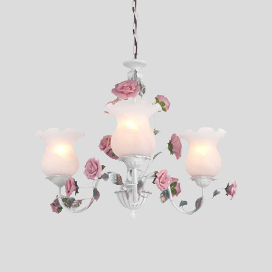 Metal White Chandelier Light Fixture Curvy Arm 3/5/6 Bulbs Pastoral Rose Down Lighting for Bedroom Clearhalo 'Ceiling Lights' 'Chandeliers' Lighting' options 407255